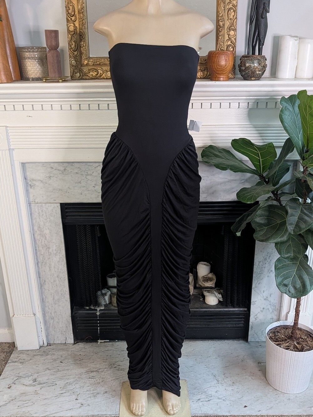Y2K Black Strapless Ruched Maxi Dress Size S Draped Bodycon Siren Dark Feminine